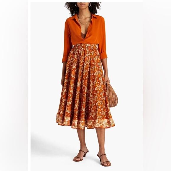 Zimmermann Andie Swing Gathered Floral Print Silk Midi Skirt Orange Beige Multi - Picture 1 of 14